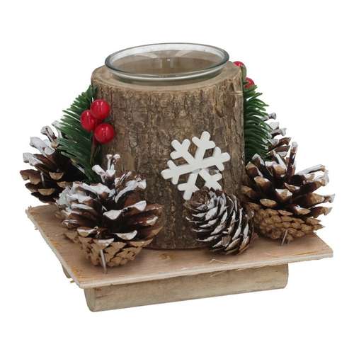 Porta-velas tronco com pinhas